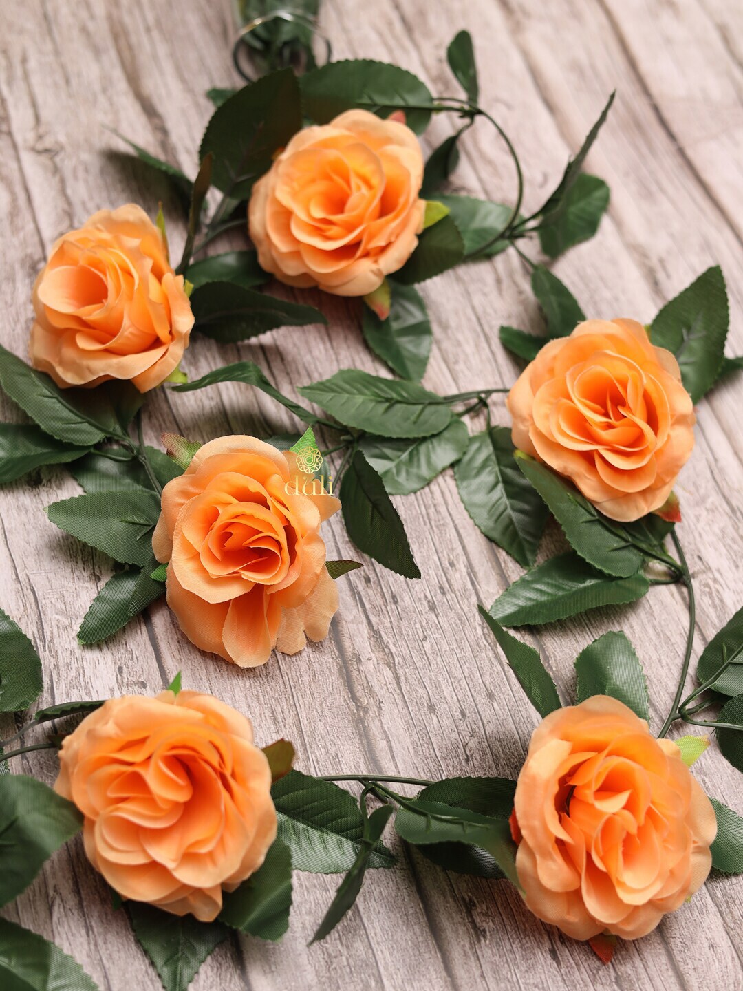 DULI Unisex Peach-Colored & Green Rose Artificial Flowers Price in India