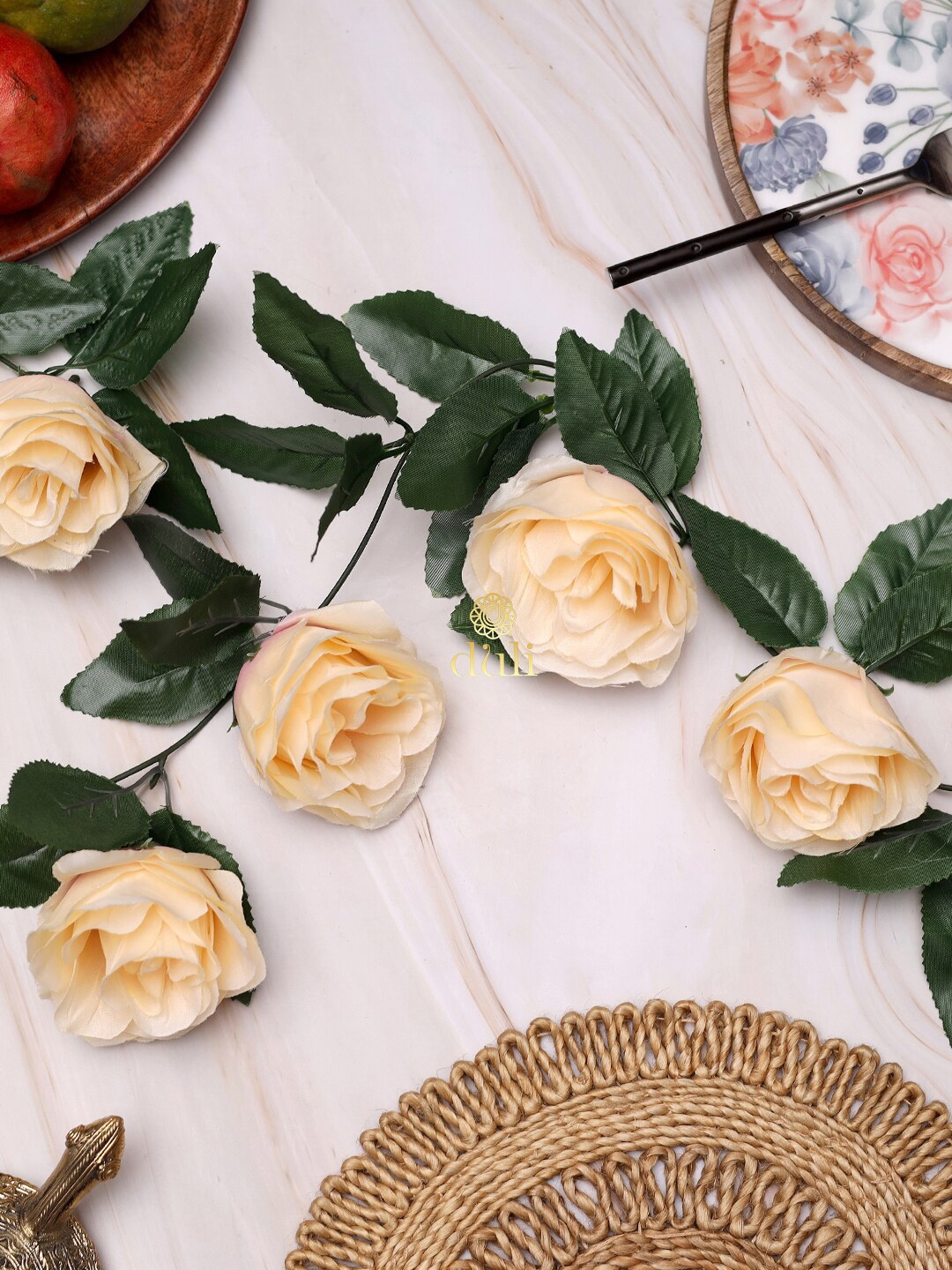 DULI Cream & Green Rose Artificial Flowers Decorative Vines Price in India