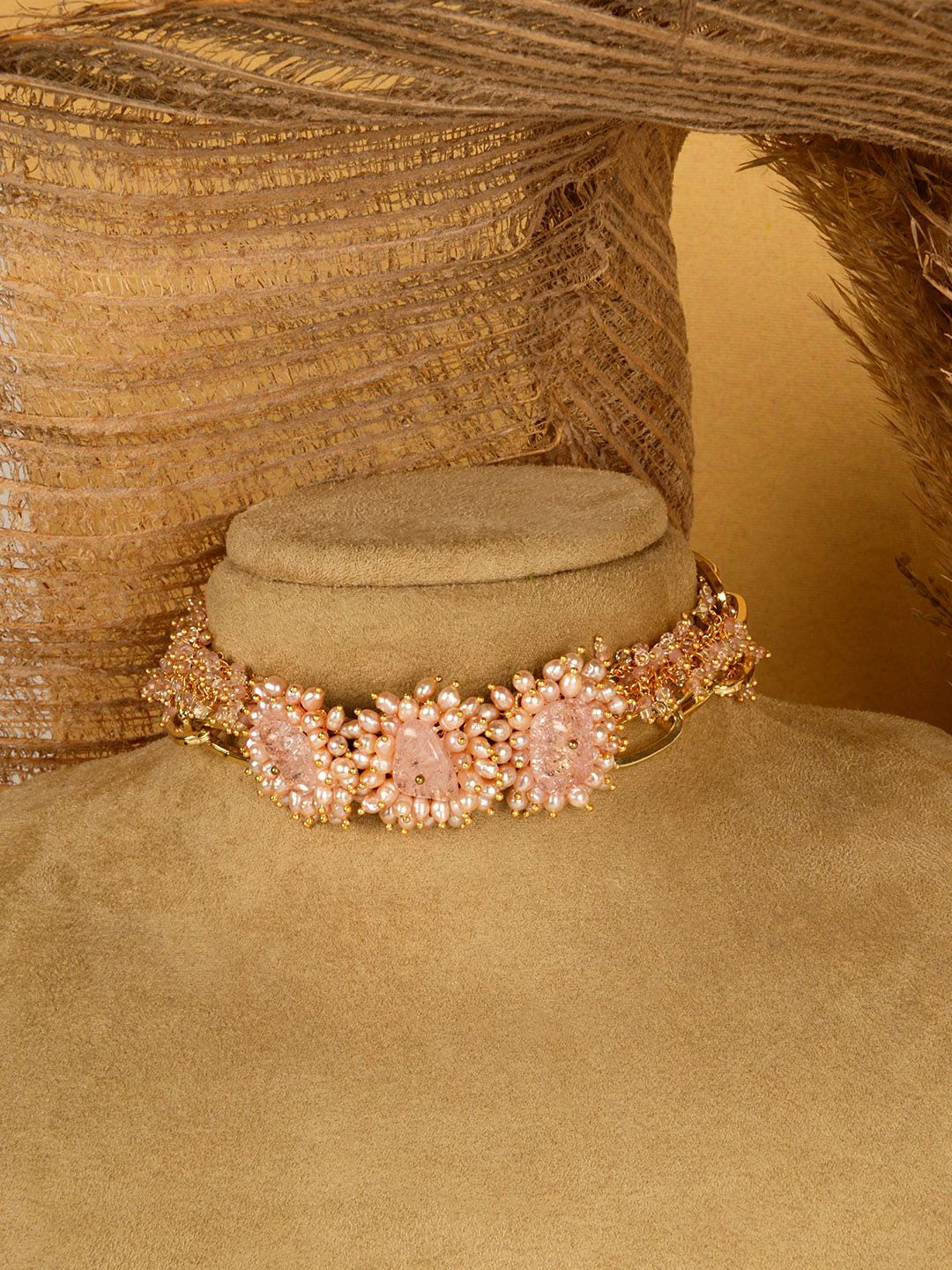 D'oro Gold-Toned & Pink Gold-Plated Pearl Beaded Choker Necklace Set Price in India