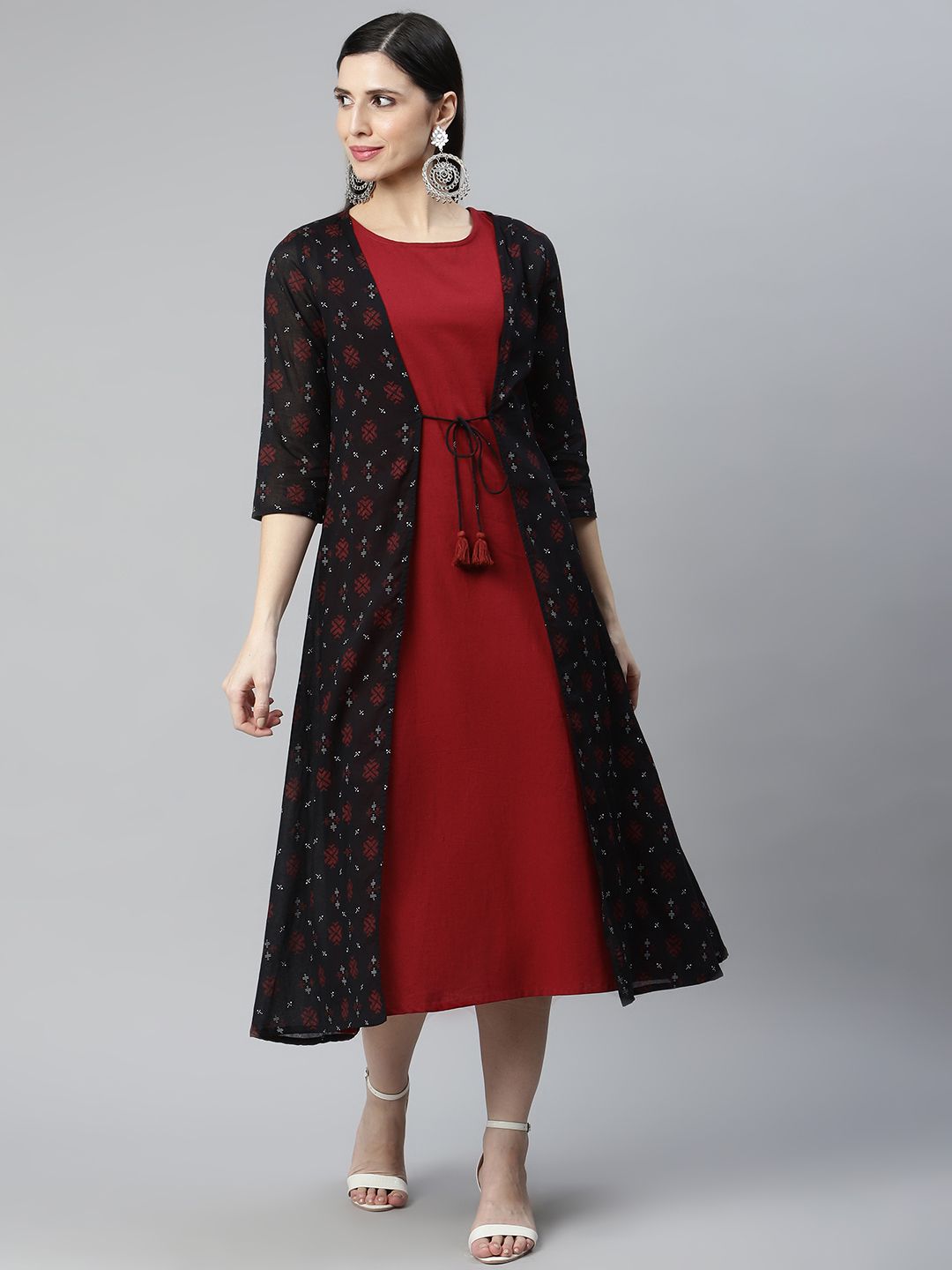 DESI BEATS Black & Maroon A-Line Cotton Midi Dress Price in India