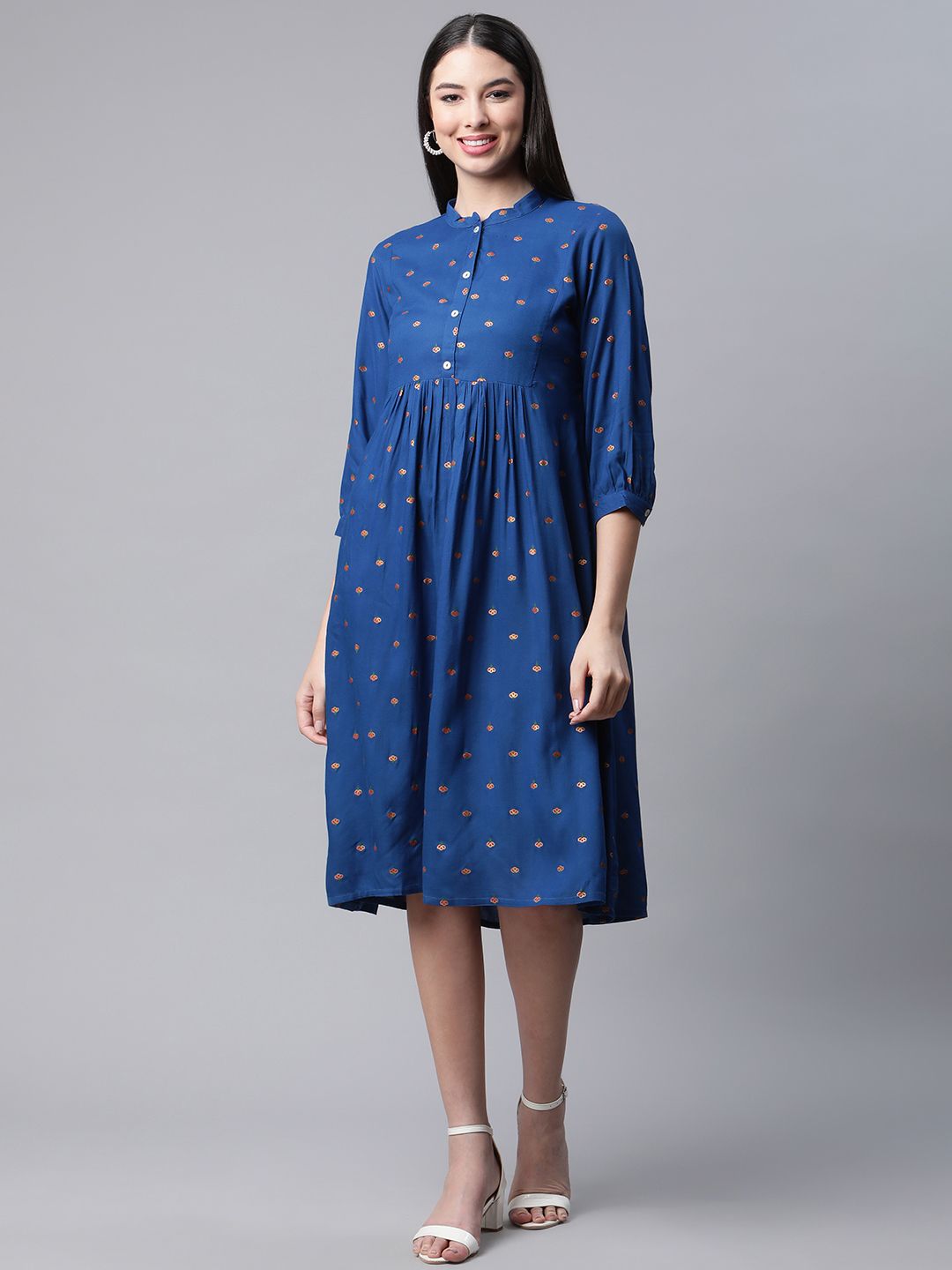 DESI BEATS Navy Blue Floral A-Line Midi Dress Price in India