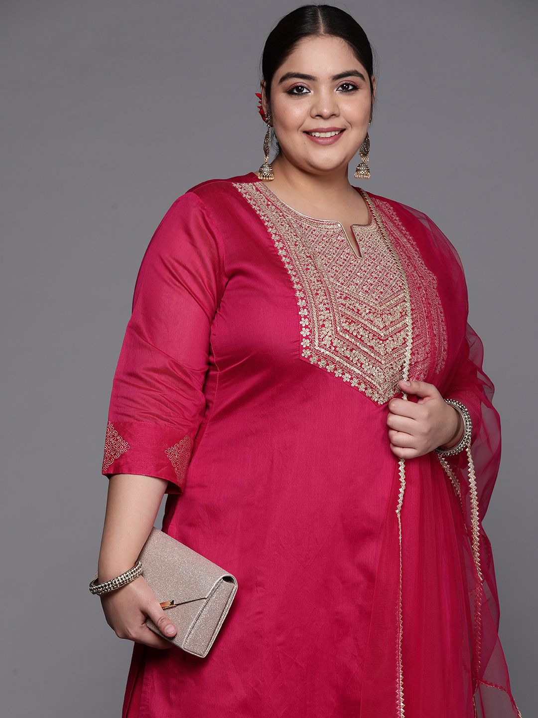 INDDUS PLUS Women Pink Embroidered Kurta with Palazzos & With Dupatta Price in India