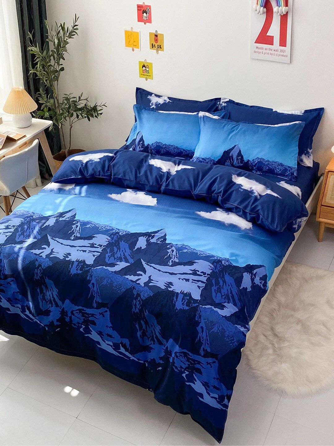 JC Collection Navy Blue Printed Double Queen Bedding Set With Quilt Cover Price in India
