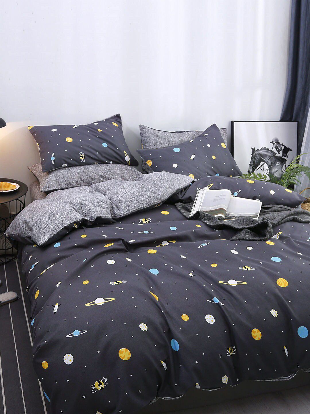 JC Collection Black & Blue Printed Bedding Set Price in India