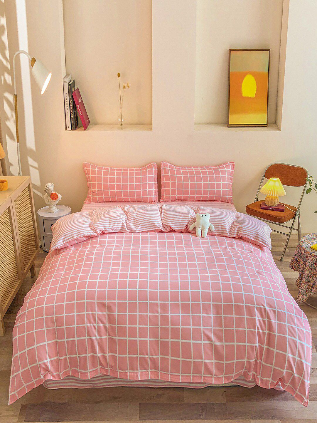 JC Collection Pink & White Checked Bedding Set Price in India