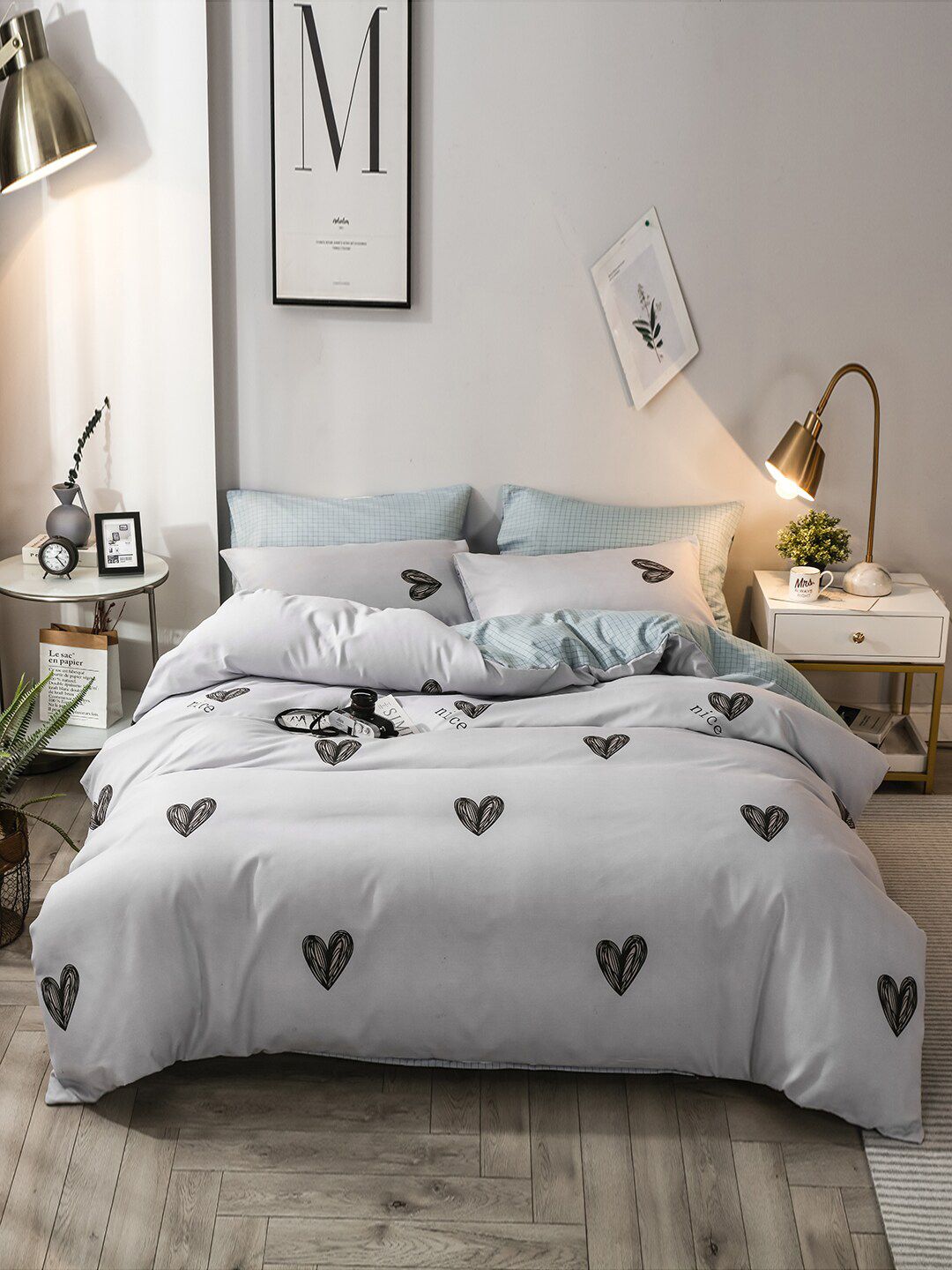 JC Collection Grey Checked Double Queen Bedding Set Price in India