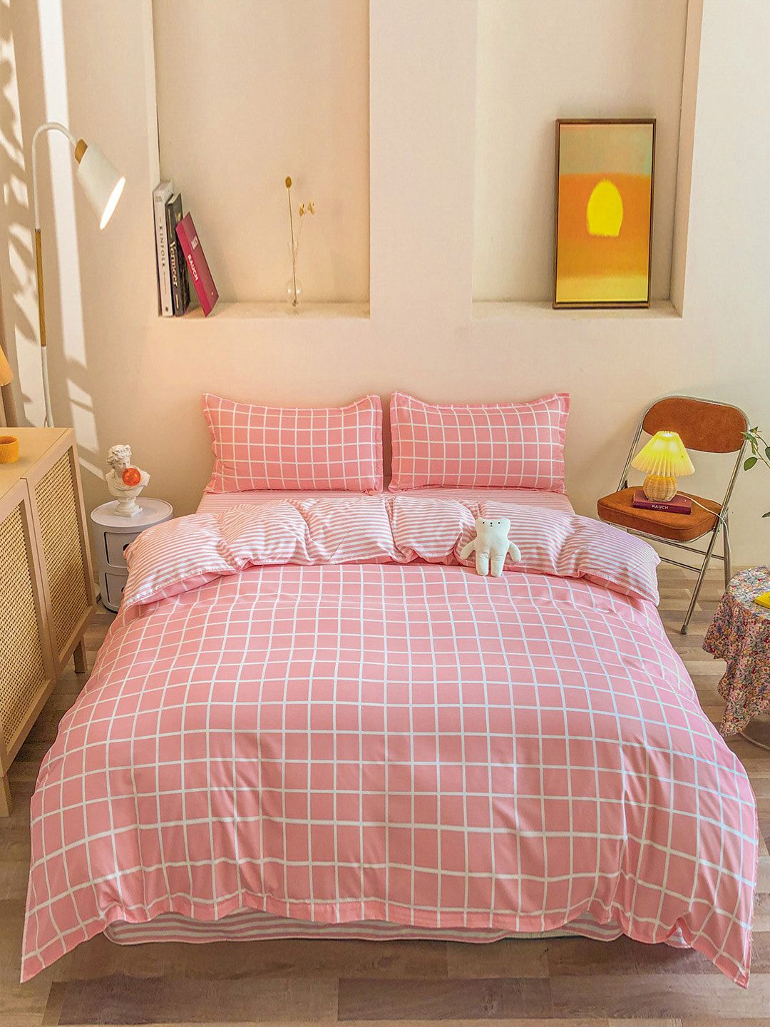 JC Collection Pink & White Checked Double Queen Bedding Set Price in India