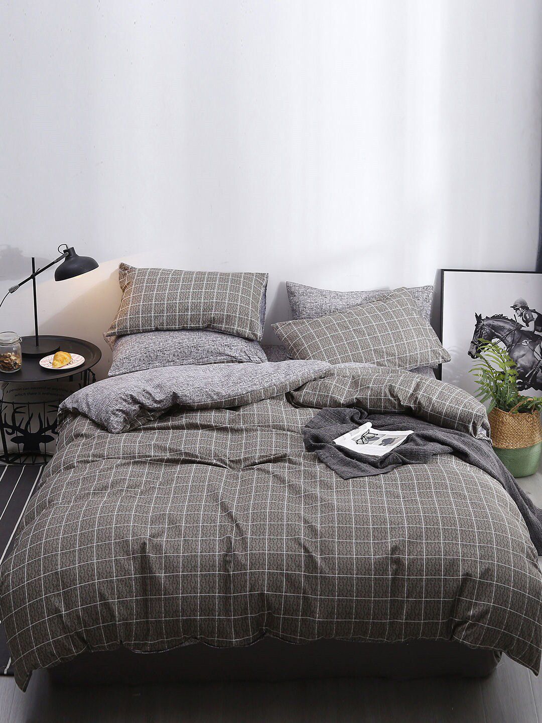 JC Collection White & Grey Checked Single Bedding Set Price in India