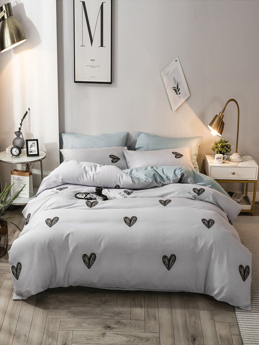 JC Collection Grey Checked Double Extra Large Bedding Set Price in India