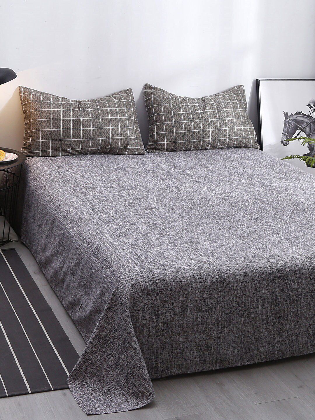 JC Collection Grey & White Checked Double Queen Bedding Set Price in India