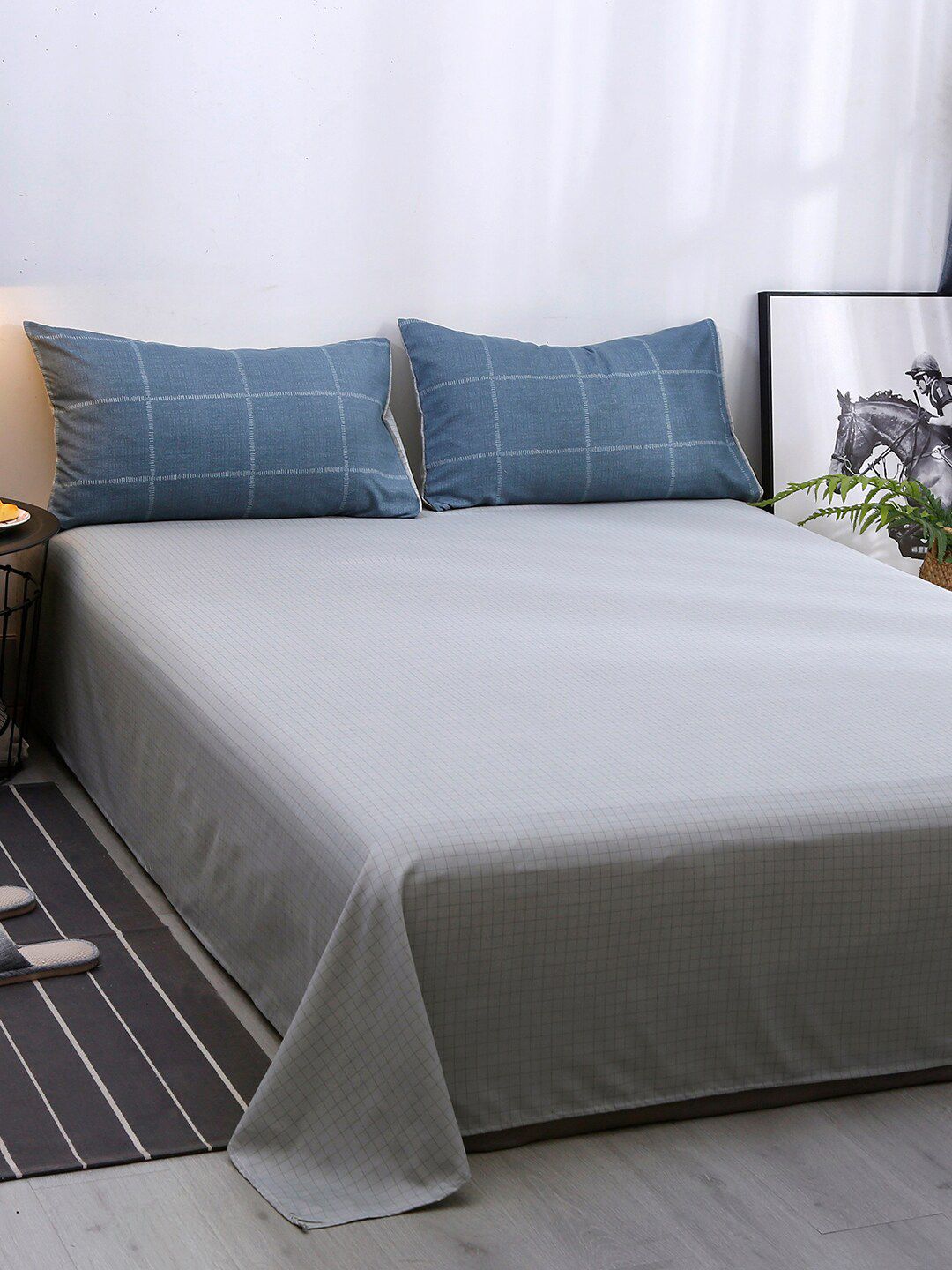JC Collection Blue & Grey Checked Double Extra Large Bedding Set Price in India