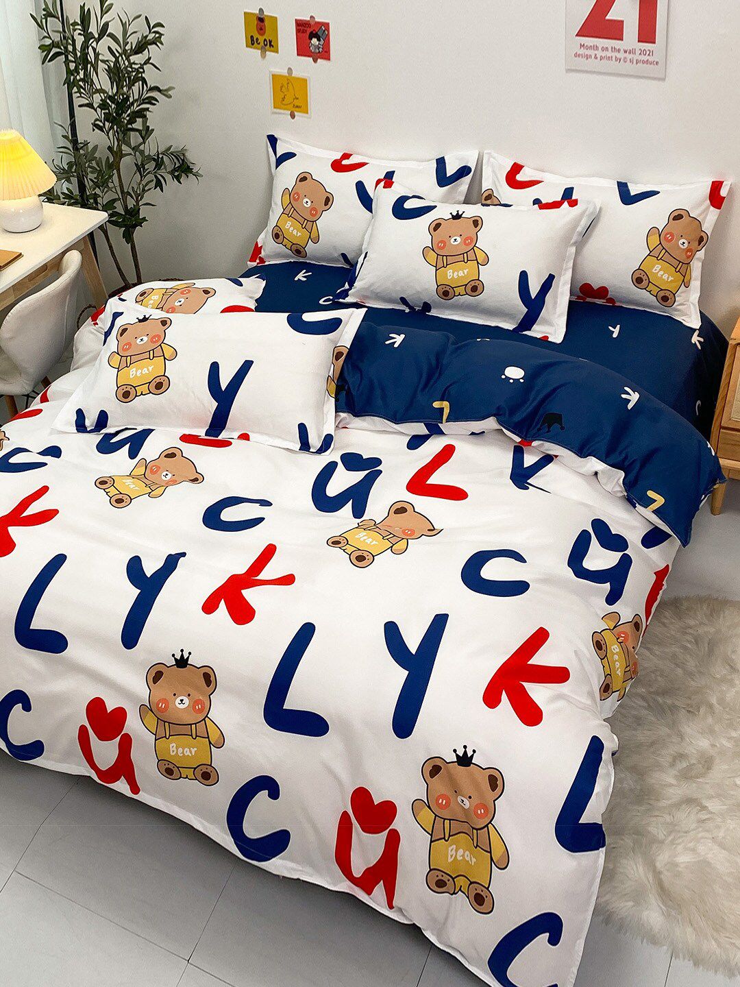 JC Collection Blue Printed Double King Bedding Set with 2 Pillow Covers & 1 Quilt Cover Price in India