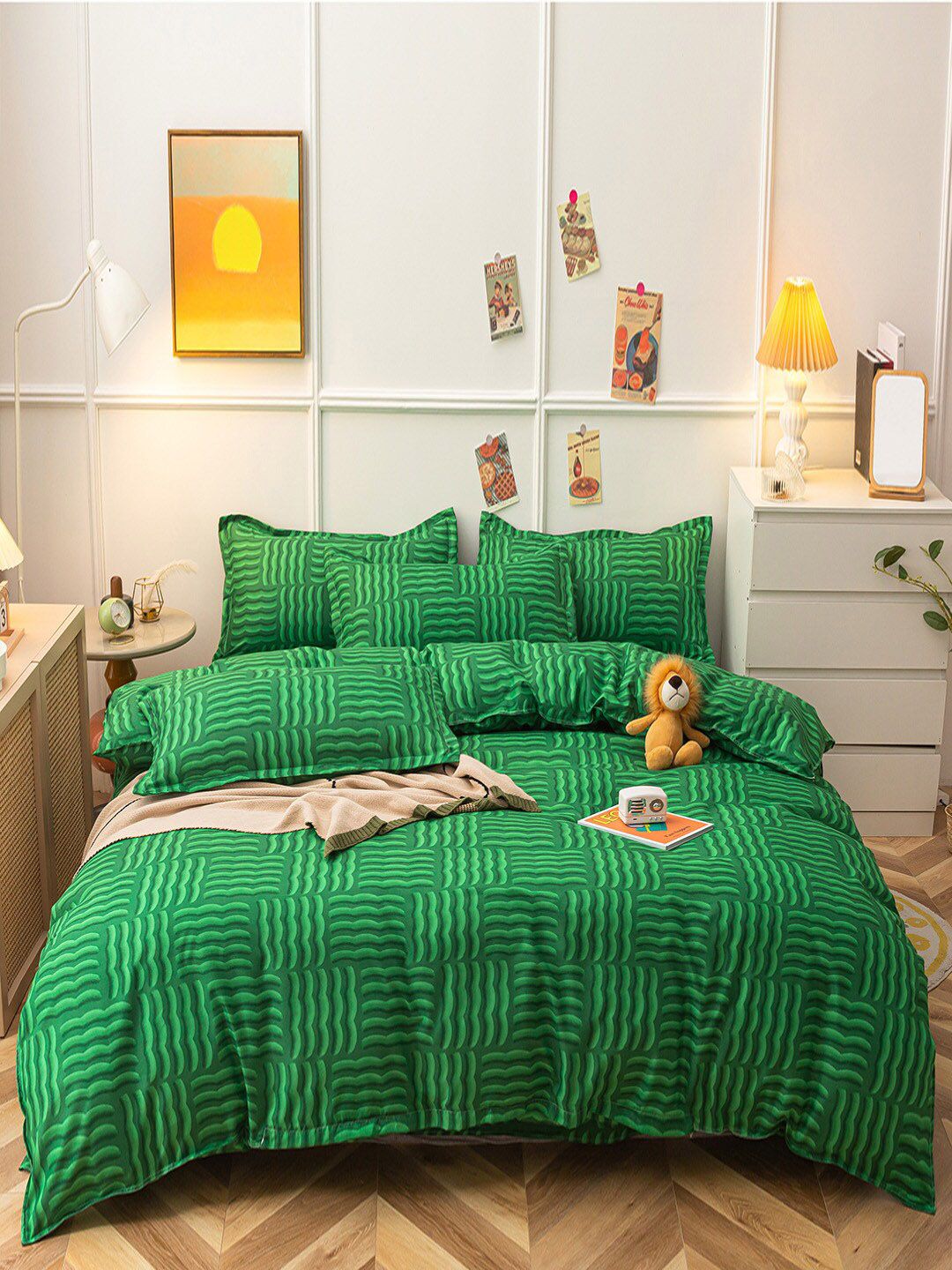 JC Collection Green Geometric Double Queen Bedding Set Price in India