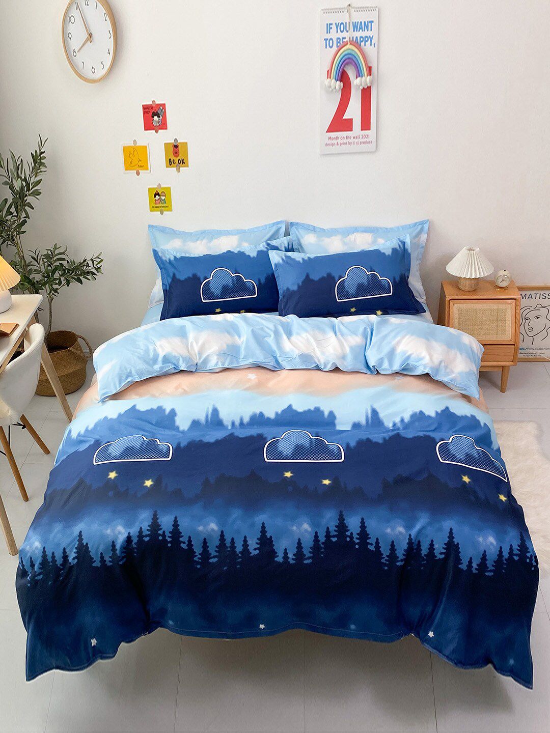 JC Collection Blue Printed Double King Bedding Set with 2 Pillow Covers & 1 Quilt Cover Price in India