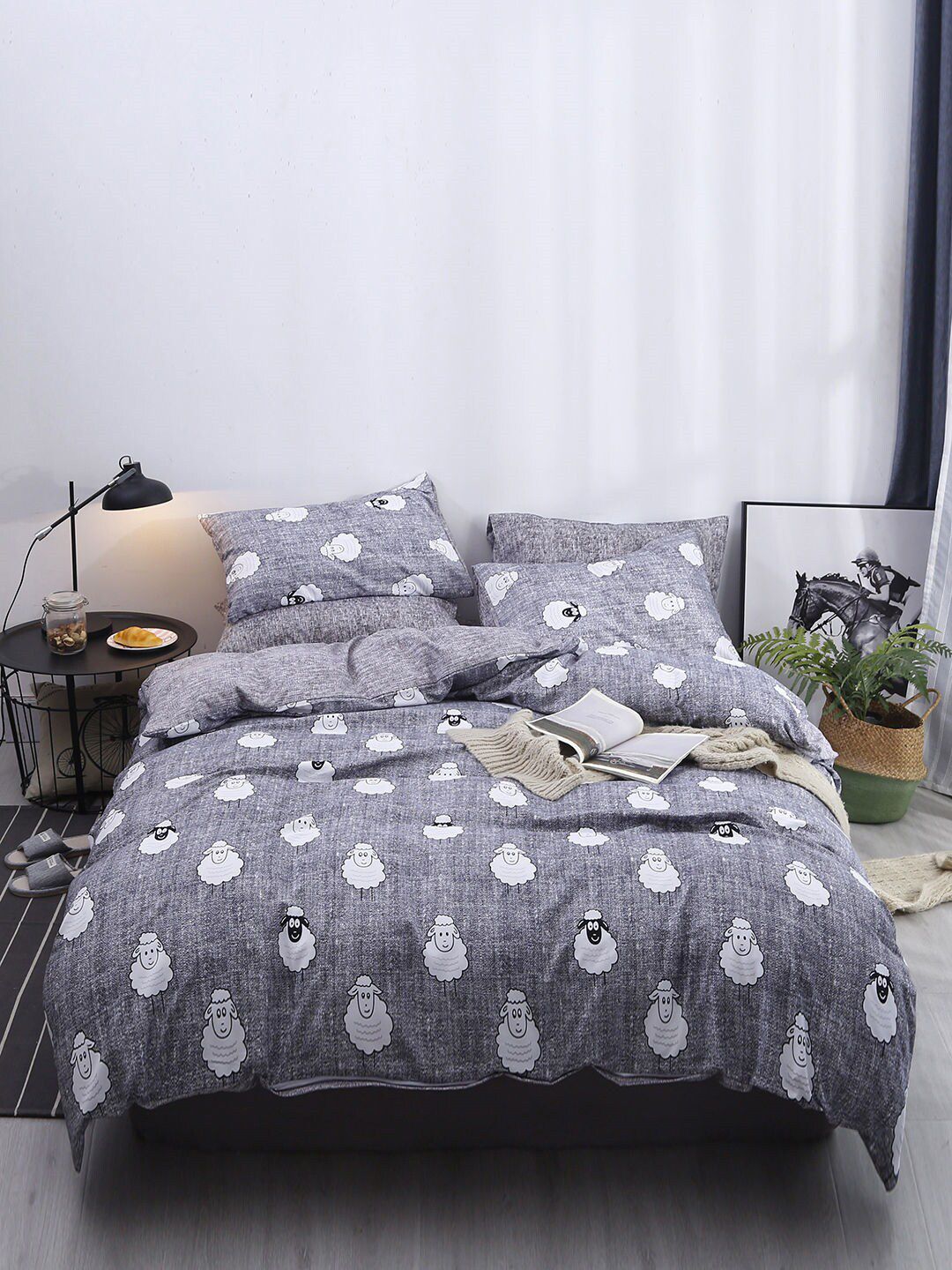 JC Collection Grey Printed Double King Bedding Set Price in India