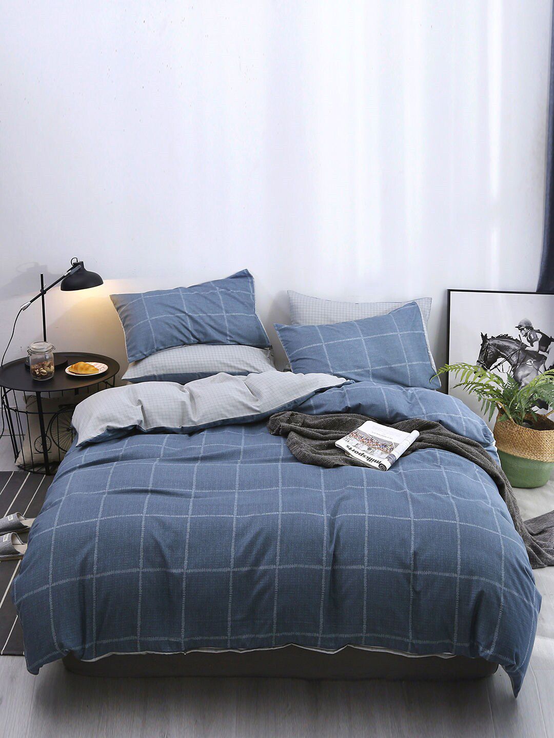 JC Collection Blue & Grey Checked Double King Bedding Set Price in India