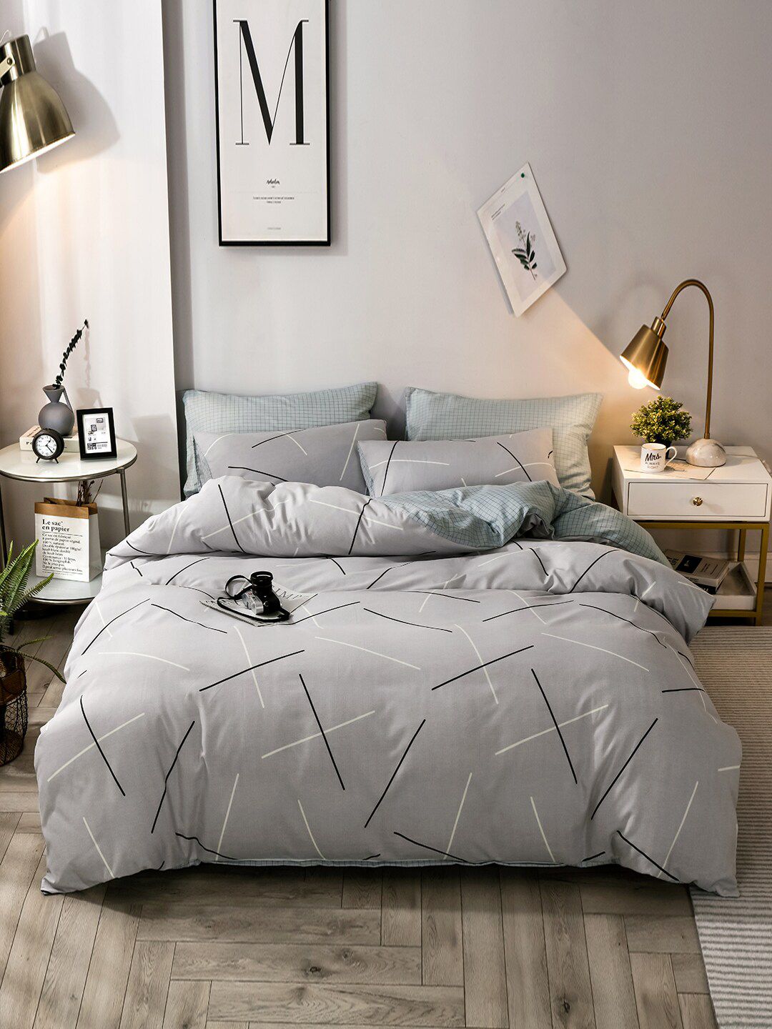 JC Collection Grey Checked Double Queen Bedding Set with 2 Pillow Covers & 1 Quilt Cover Price in India
