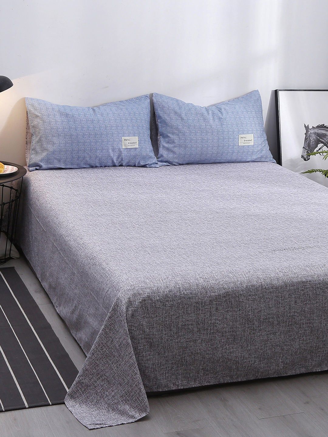 JC Collection Blue & Grey Printed Double King Bed Cover With Pillow Covers Price in India