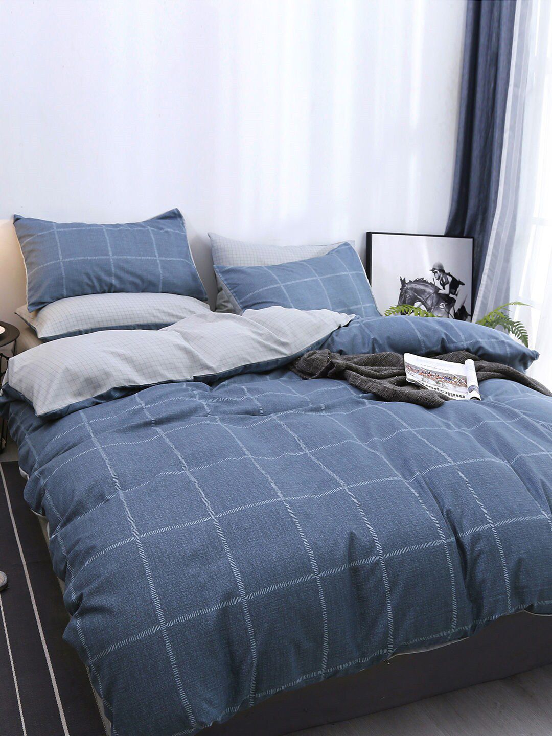 JC Collection Blue & Grey Checked Single Bedding set Price in India