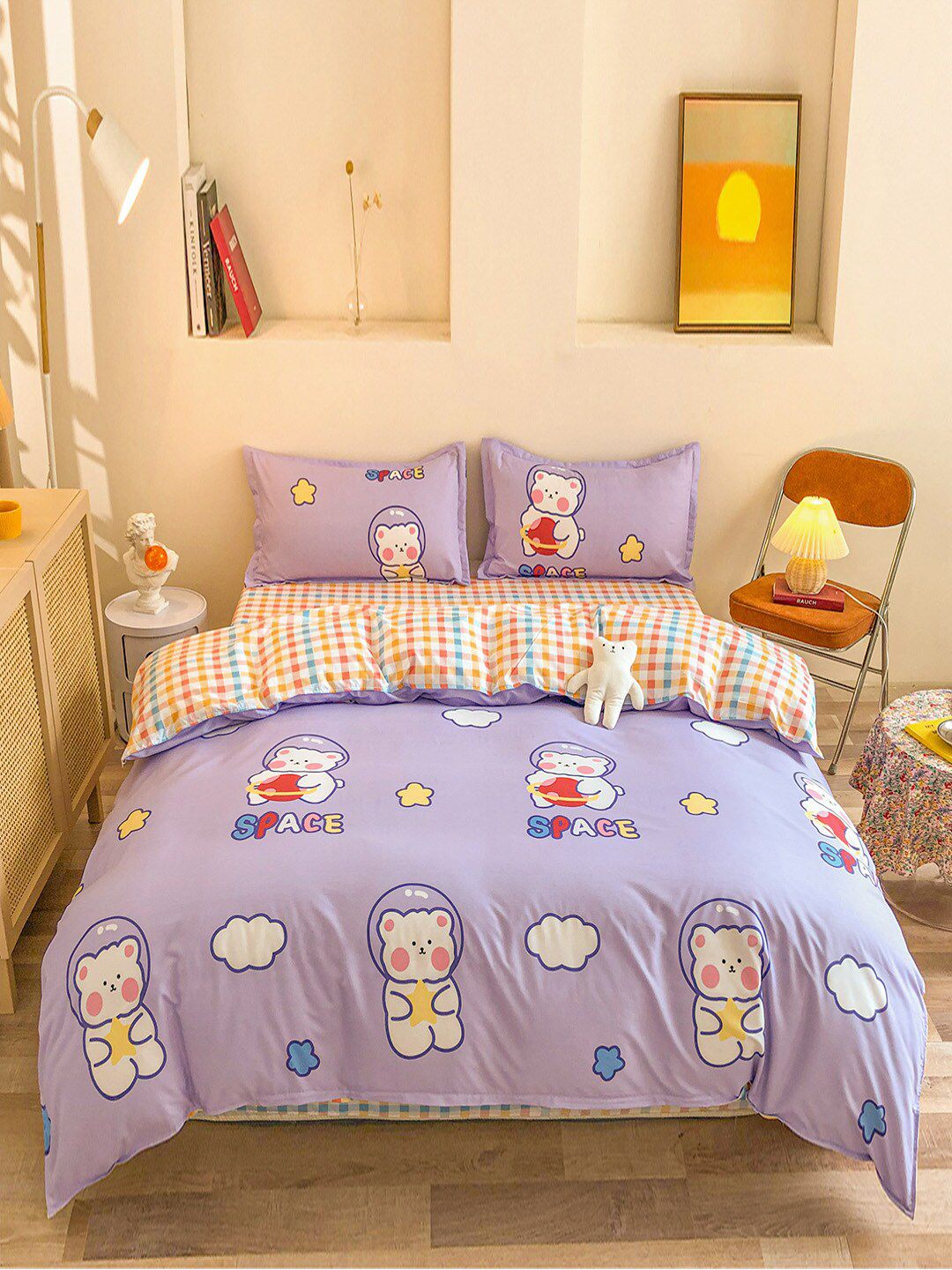 JC Collection Purple & Orange Checked Double King Bedding Set Price in India