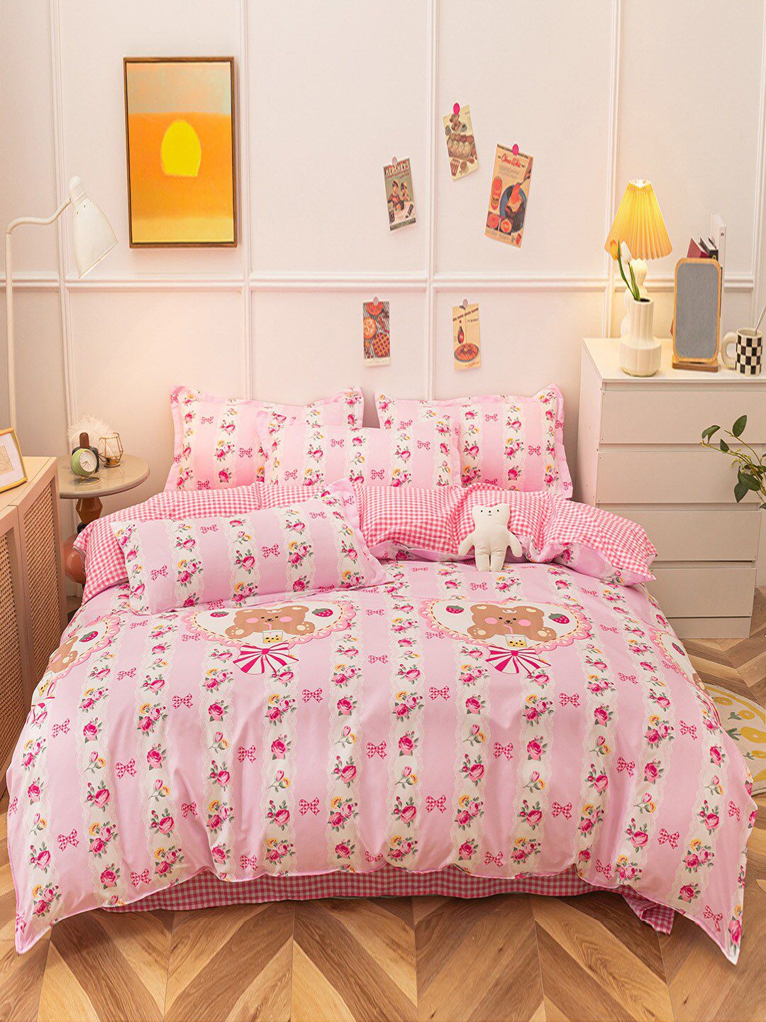 JC Collection Pink Floral Double Queen Bedding with 2 Pillow Covers & 1 Quilt Cover Price in India