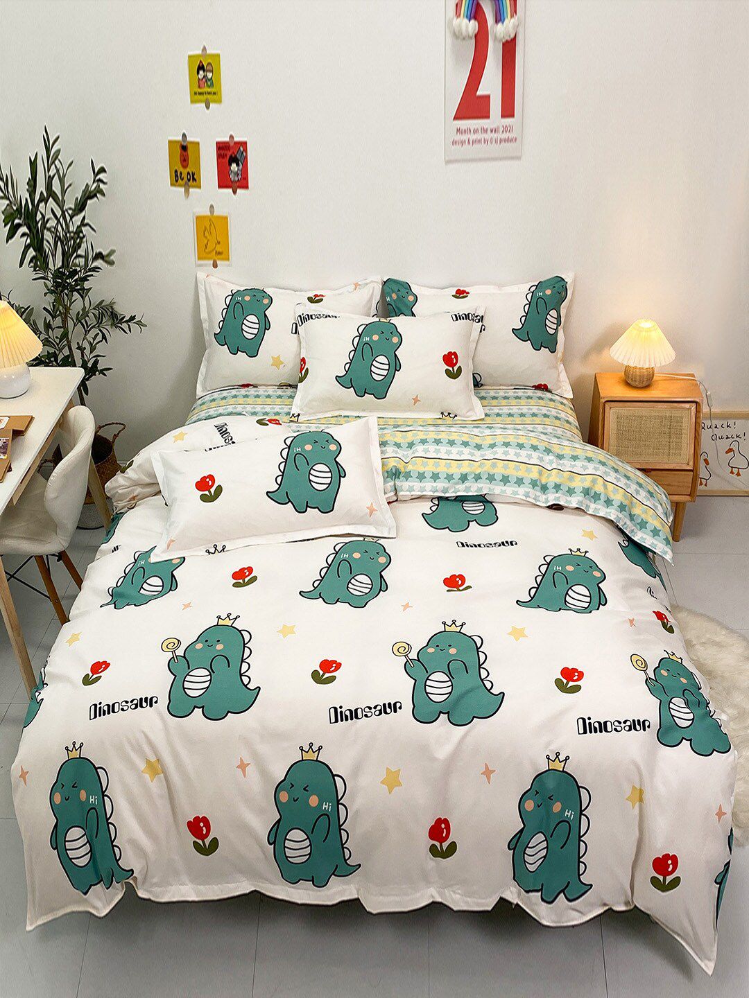 JC Collection White & Green Printed Bedding Set Price in India