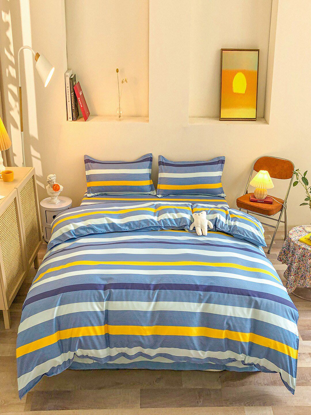 JC Collection Blue & Yellow Striped Double Queen Bedding Set Price in India