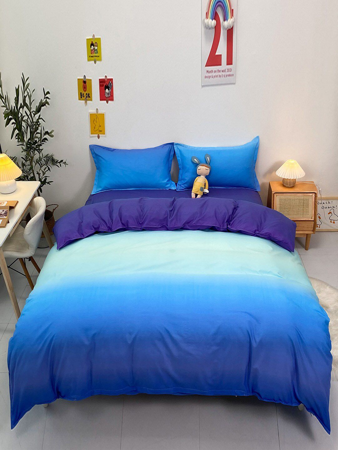 JC Collection Blue Ombre Double Queen Bedding Set with 2 Pillow Covers & 1 Quilt Cover Price in India