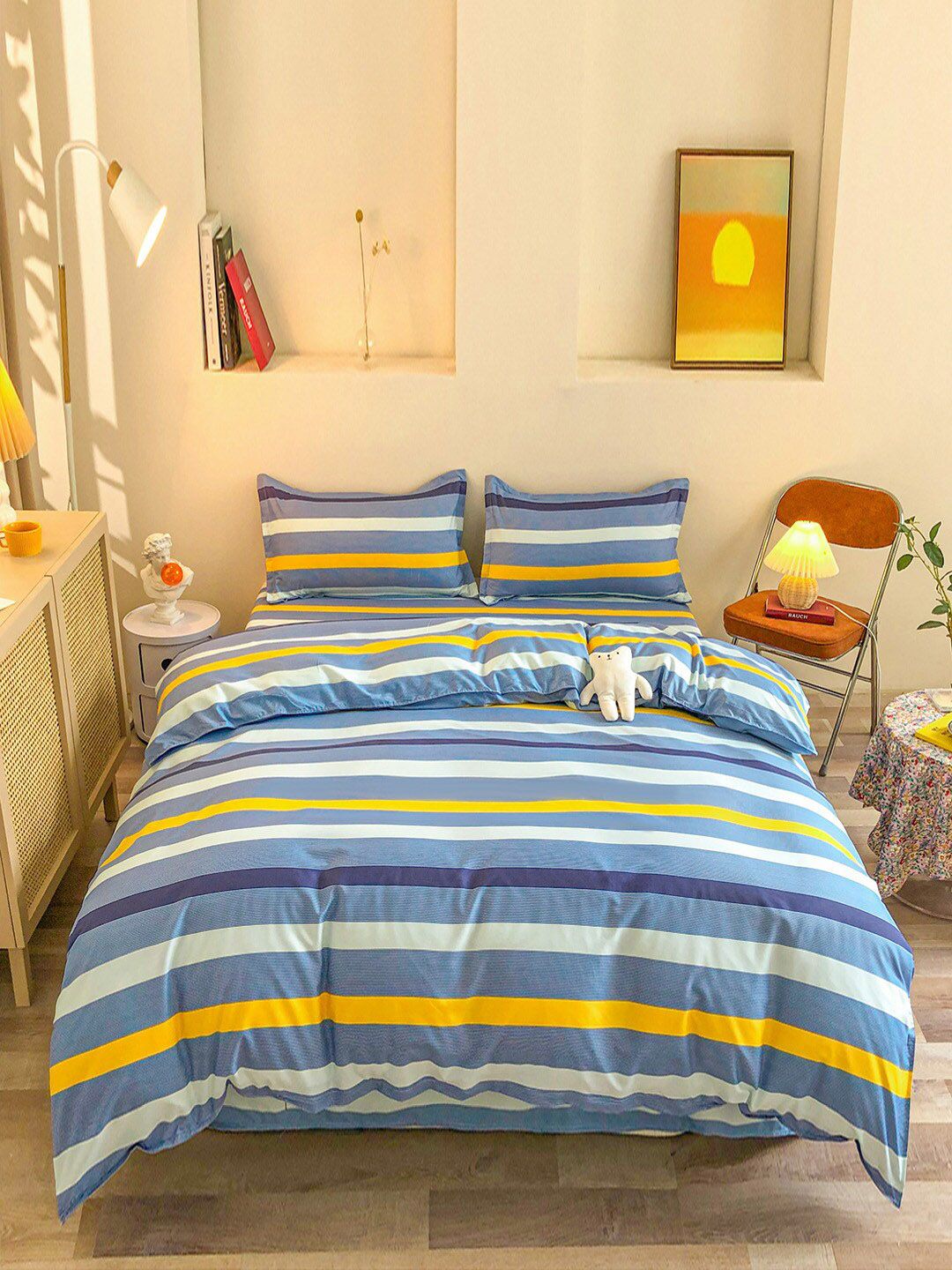 JC Collection Blue and White Striped Double King Bedding Set Price in India