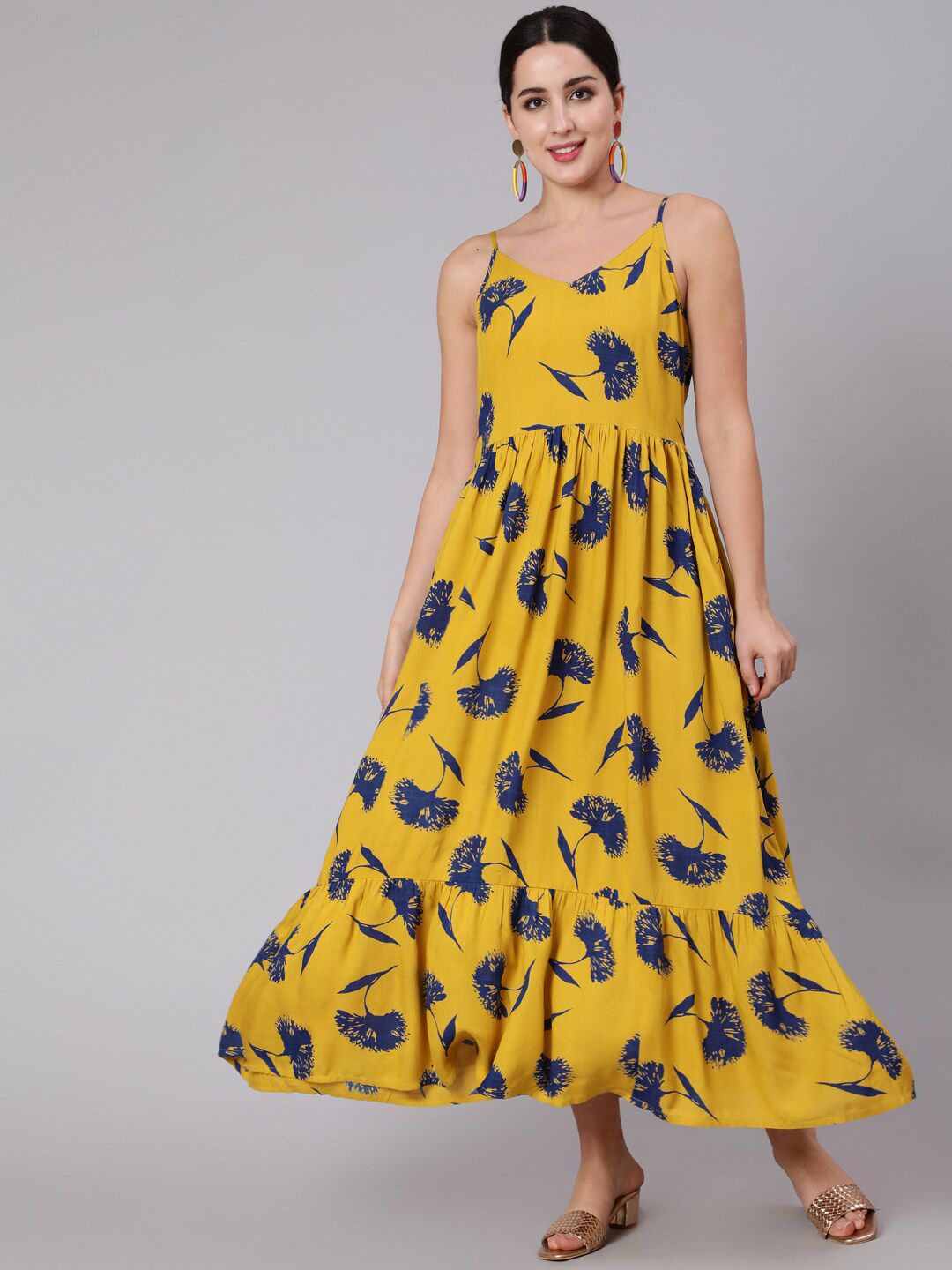 Nayo Yellow Tropical Printed Gathered Detail A-Line Dress Price in India