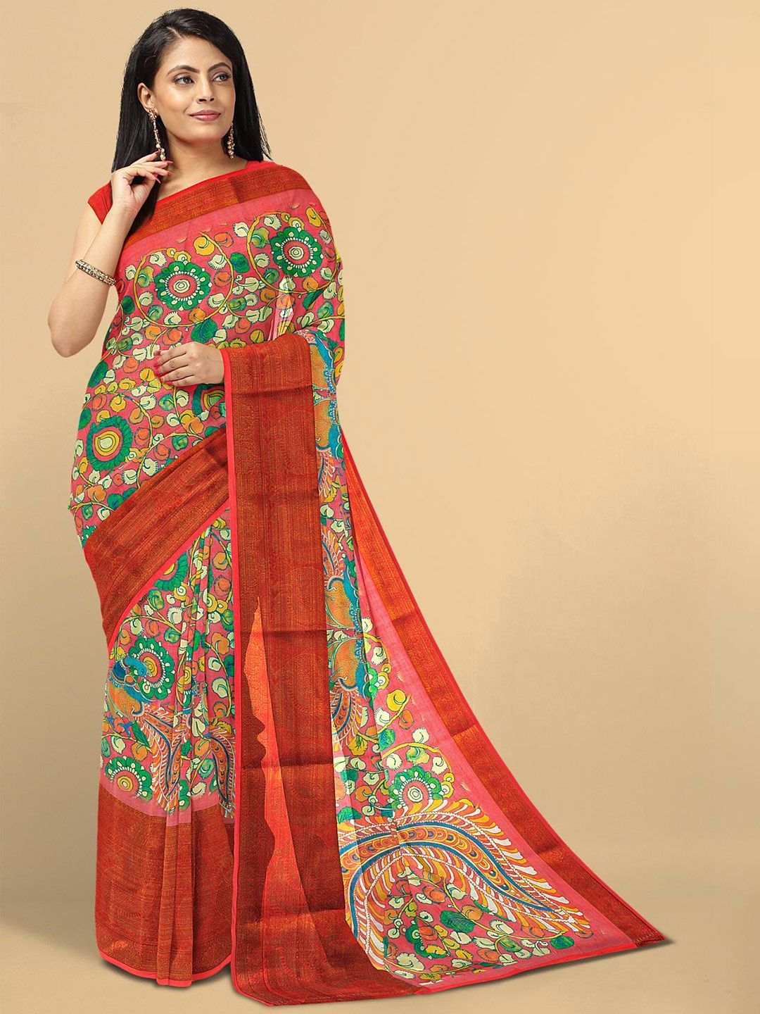 Kalamandir Red & Green Kalamkari Linen Blend Saree Price in India