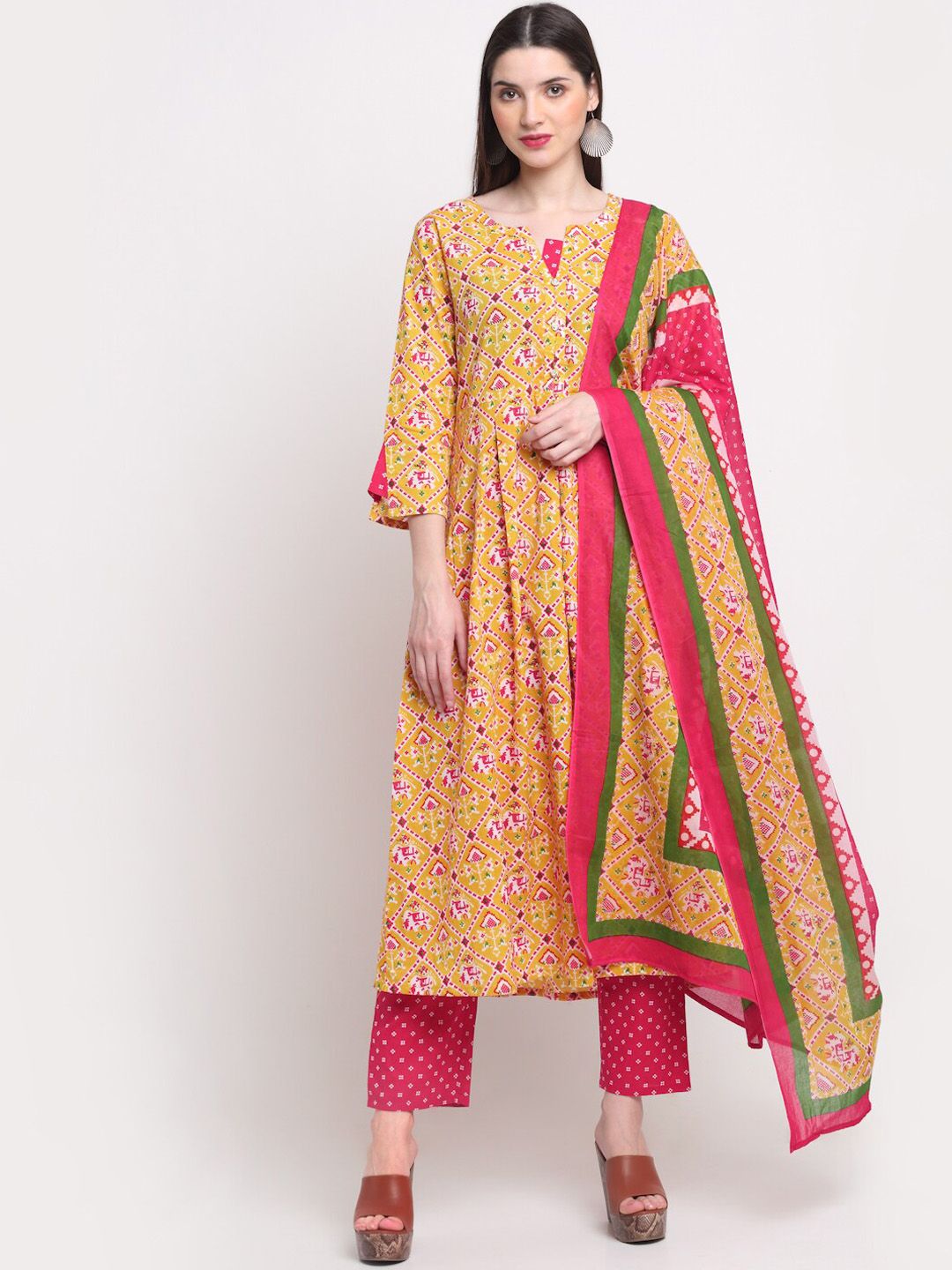 KALINI Women Mustard Yellow & Pink Printed Pure Cotton Kurta with Trousers & With Dupatta Price in India