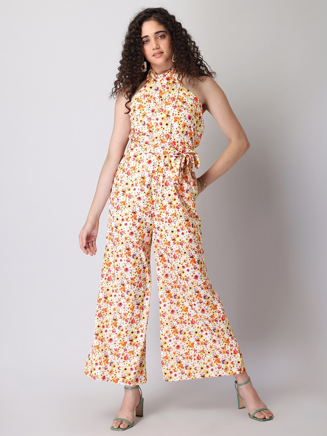 FabAlley White & Red Halter Neck Printed Basic Jumpsuit Price in India