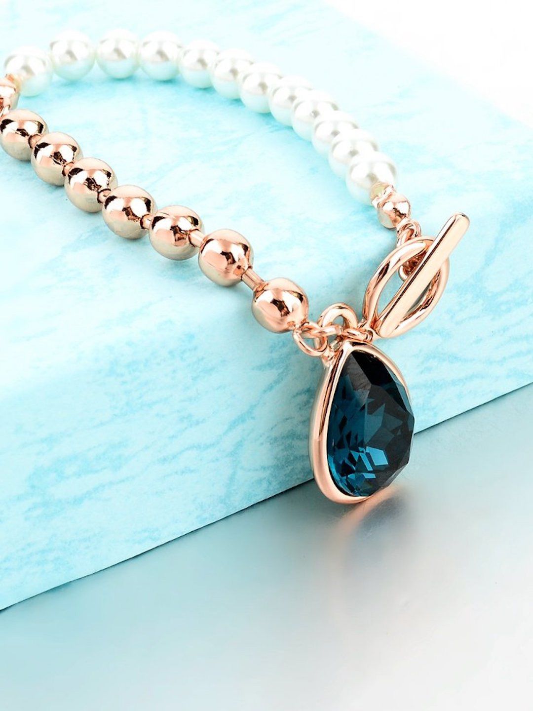 HOT AND BOLD Women Rose Gold-Plated Blue & White Brass Mother of Pearl Charm Bracelet Price in India