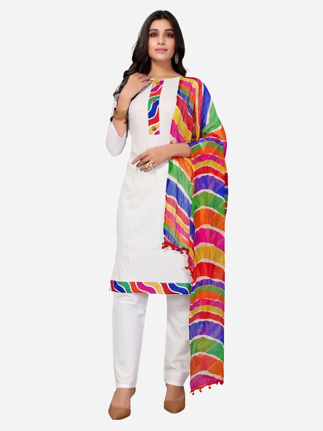 Satrani White & Blue Unstitched Dress Material Price in India