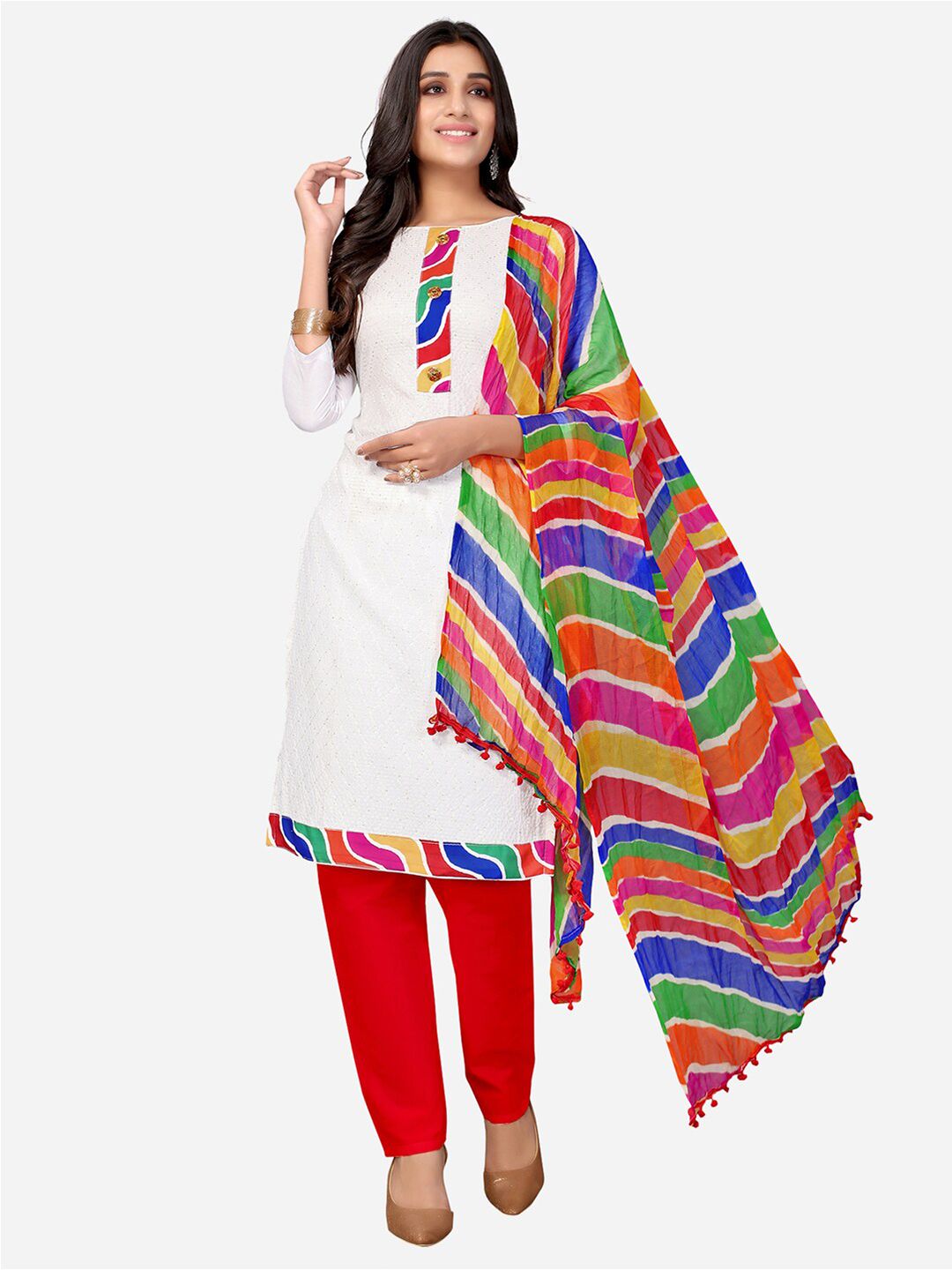Satrani Red & White Unstitched Dress Material Price in India