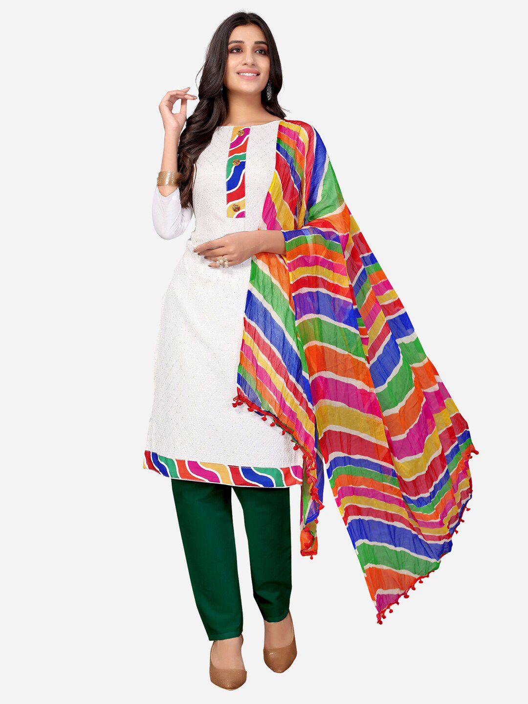 Satrani Green & White Unstitched Dress Material Price in India