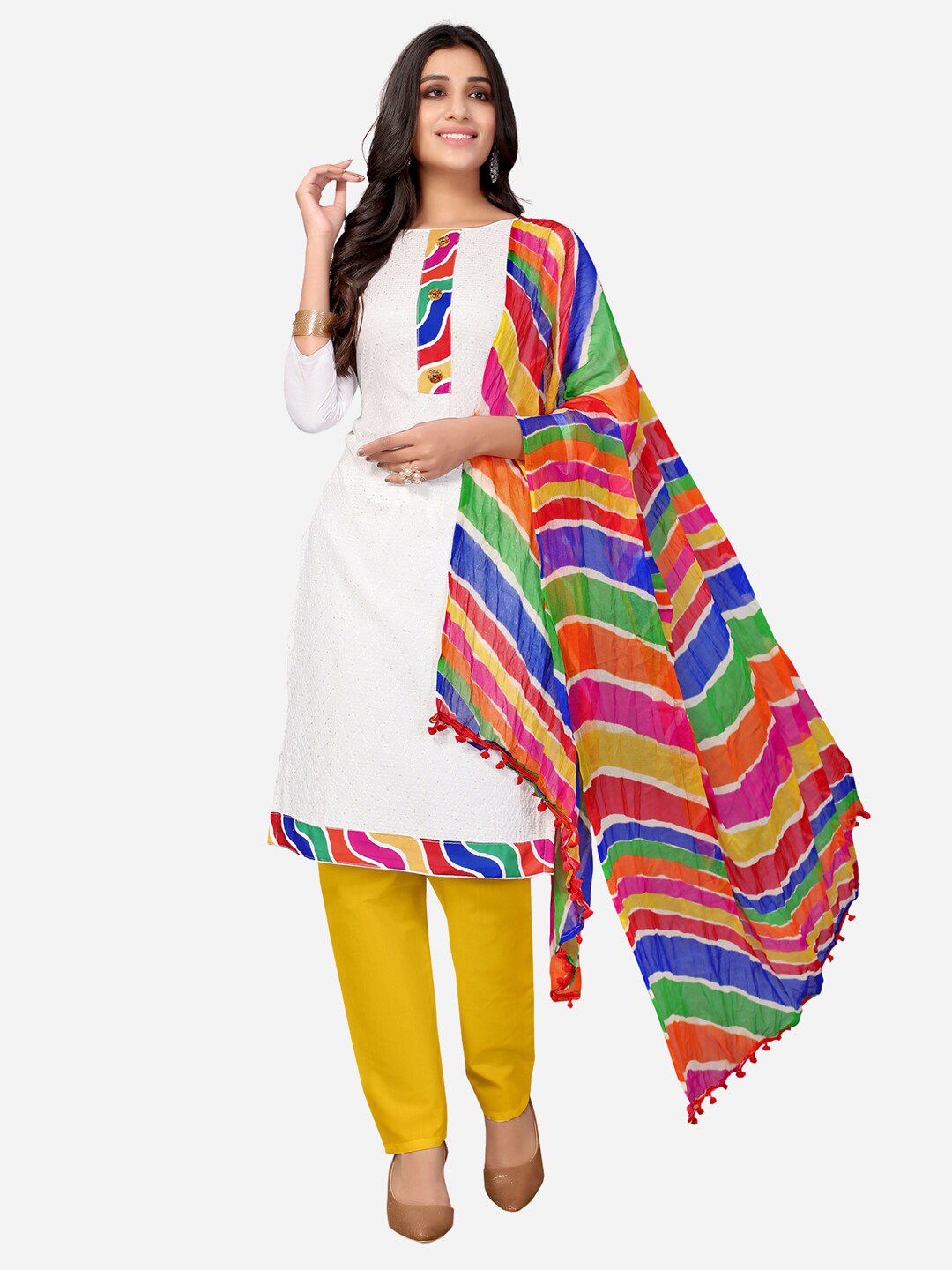 Satrani Yellow & White Embroidered Unstitched Dress Material Price in India