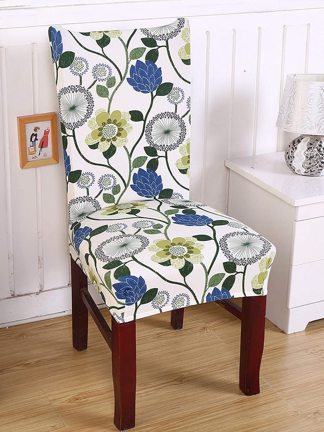 Styleys Set Of 6 White & Blue Floral Printed Chair Covers Price in India