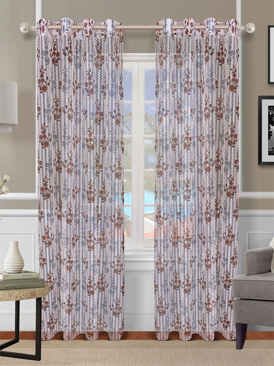 ROMEE Brown & Grey Set of 2 Floral Printed Sheer Long Door Curtain Price in India