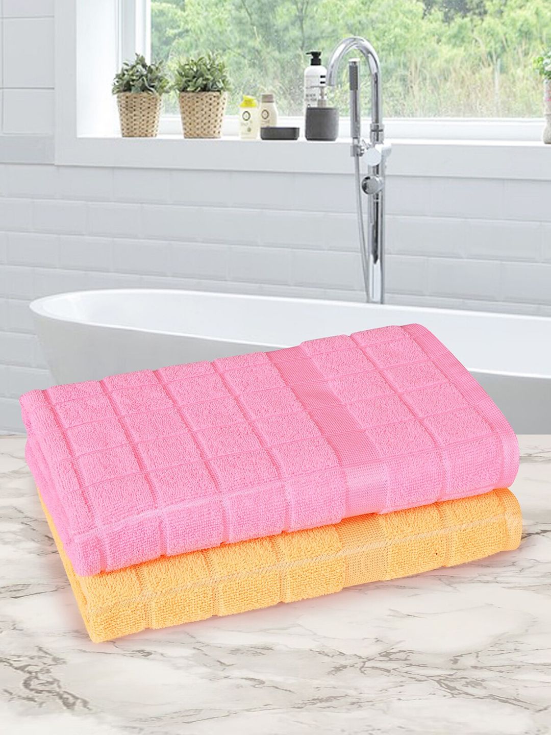 ROMEE Set of 2 Pink & Yellow Solid 500 GSM Cotton Towels Price in India
