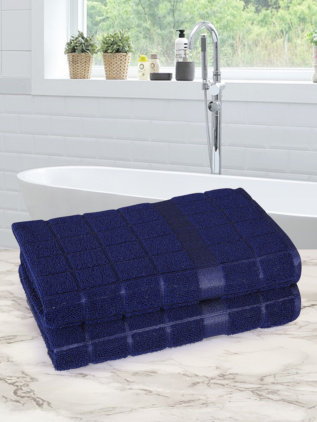 ROMEE Set Of 2 Navy Blue Self-Design 500 GSM Cotton Towels Price in India