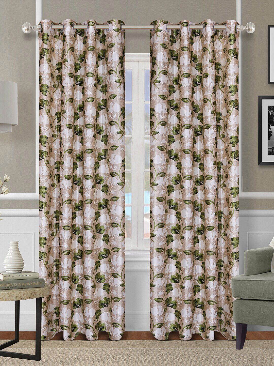 ROMEE Beige & Green Set of 2 Floral Printed Room Darkening Long Door Curtain Price in India