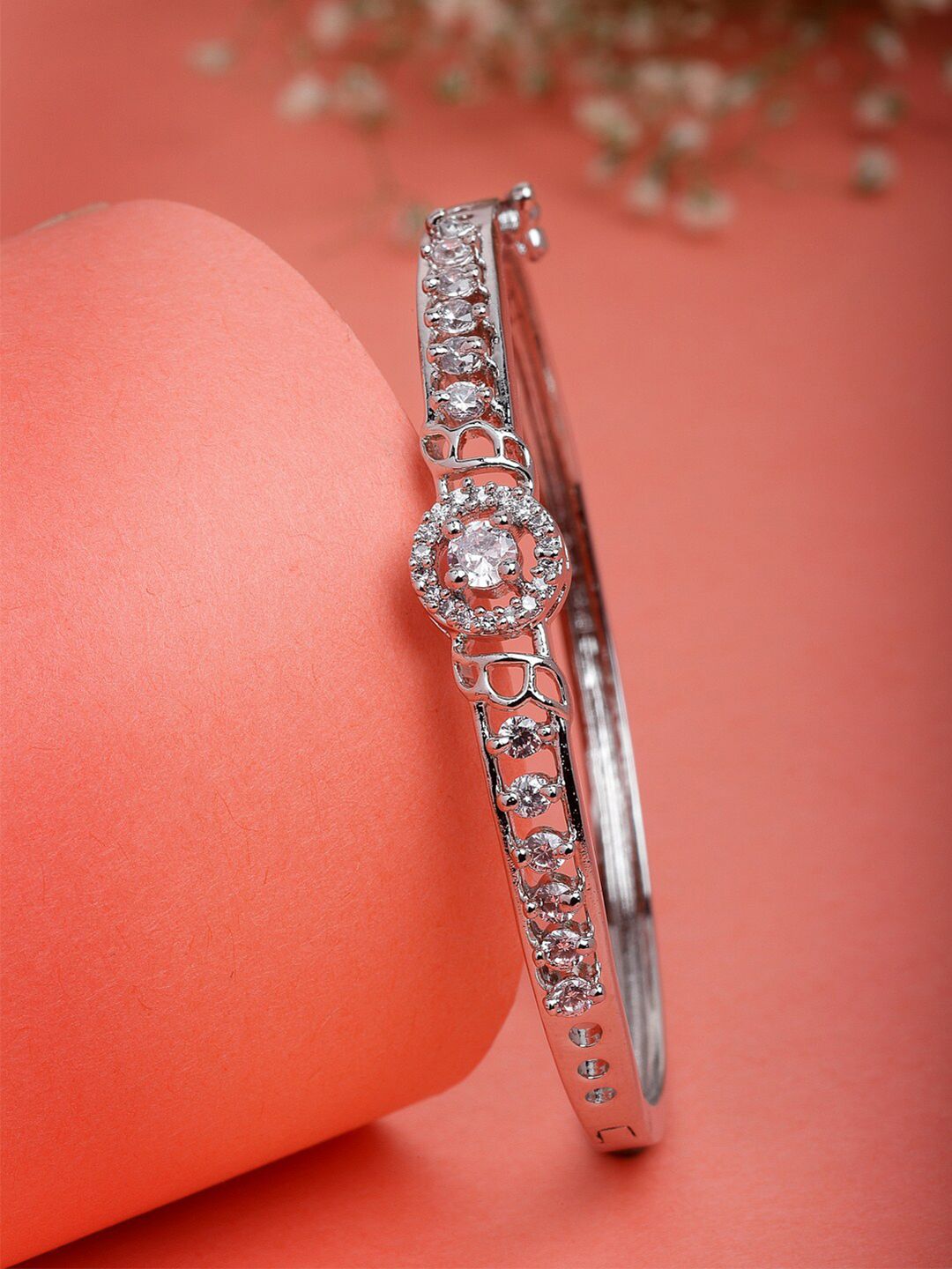 PANASH Women Cubic Zirconia Studded & Rhodium-Plated Bangle-Style Bracelet Price in India