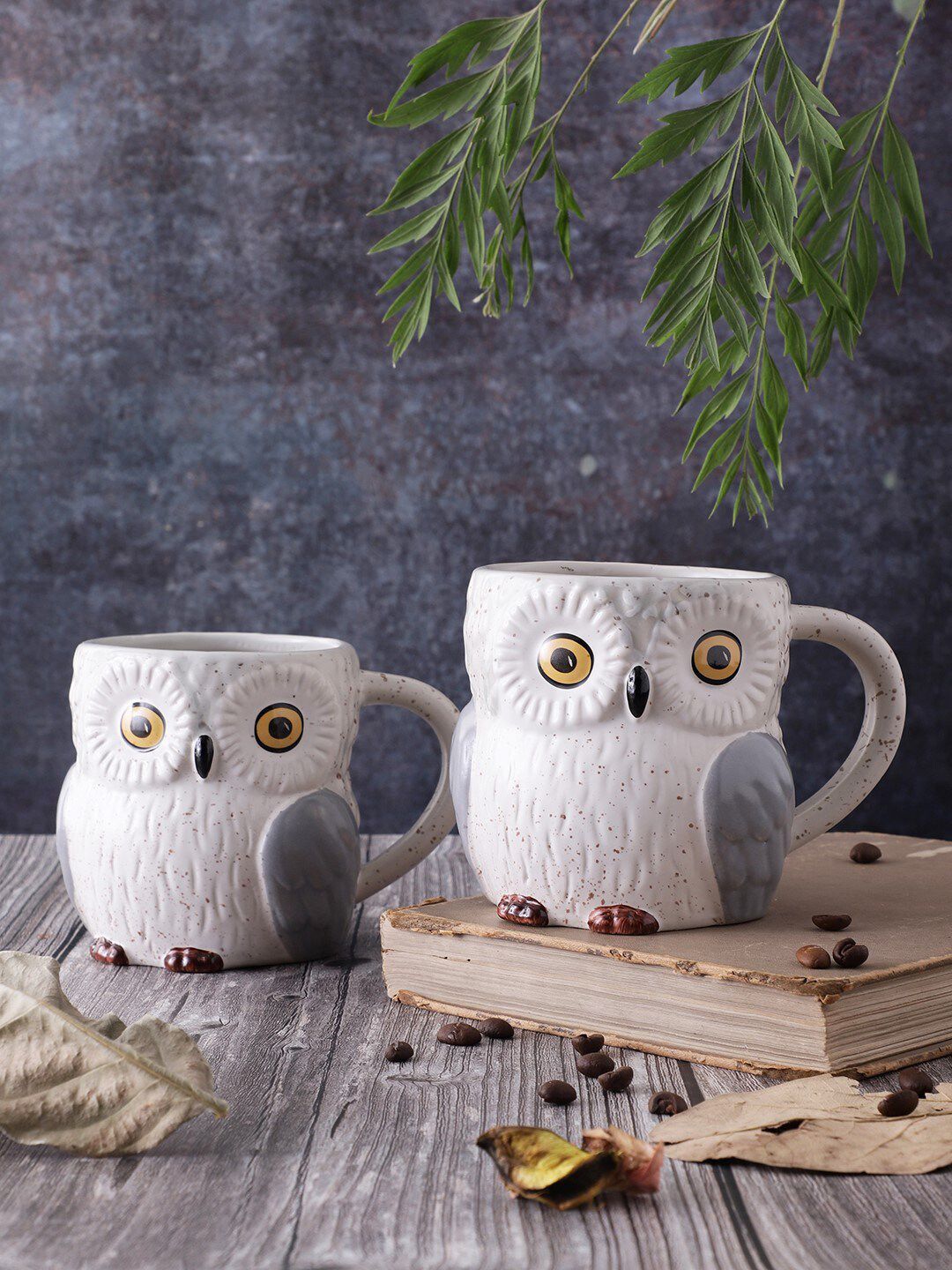 OddCroft White & Grey Owl Textured Ceramic Matte Cups Set of 2 Price in India