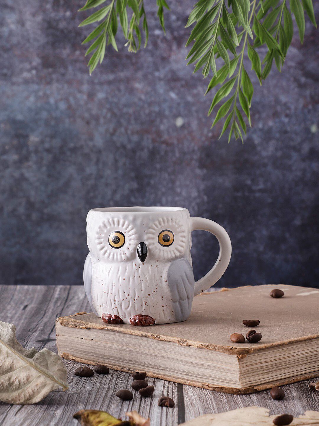 OddCroft White & Grey Owl Textured Ceramic Matte Cup Price in India