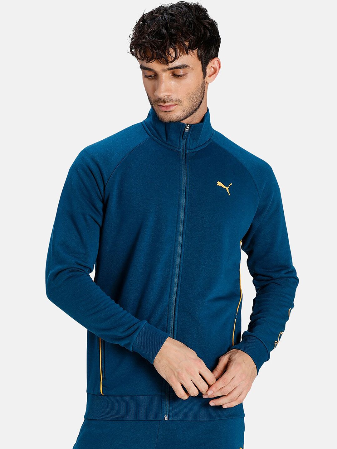 Puma Men Teal Blue Solid Cotton Track Sweatshirt