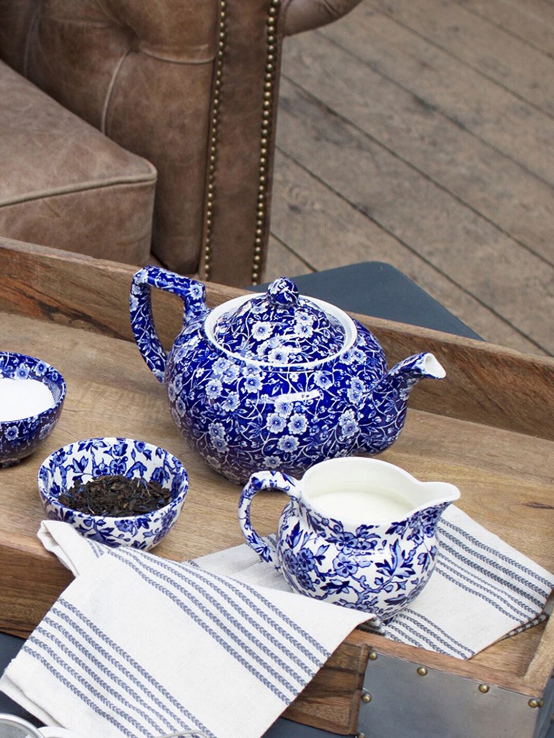 BURLEIGH Blue & White Printed Earthen Clay Matte Teapot Price in India