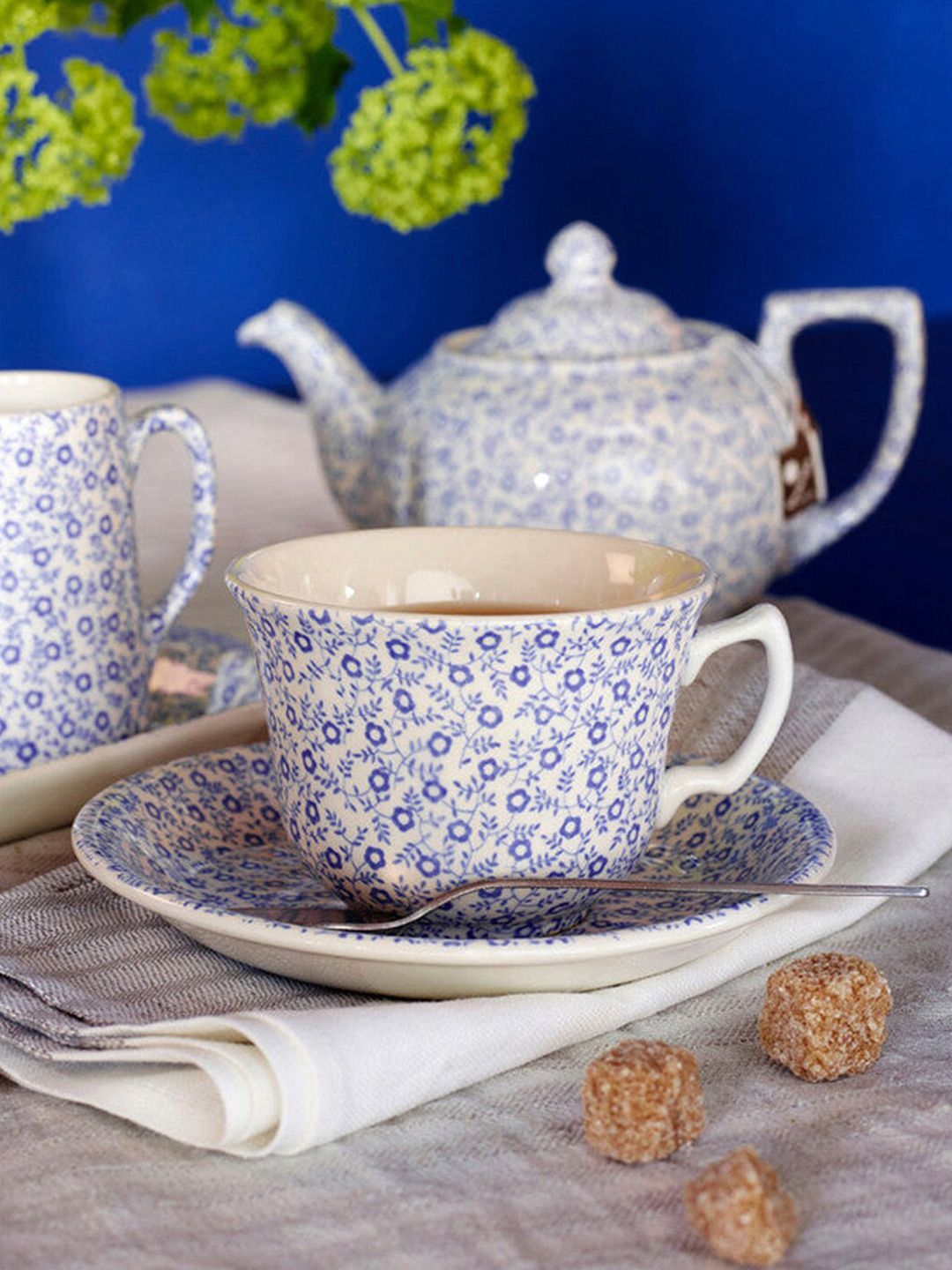 BURLEIGH Blue & White Floral Printed Earthen Clay Glossy Cup and Saucer Price in India
