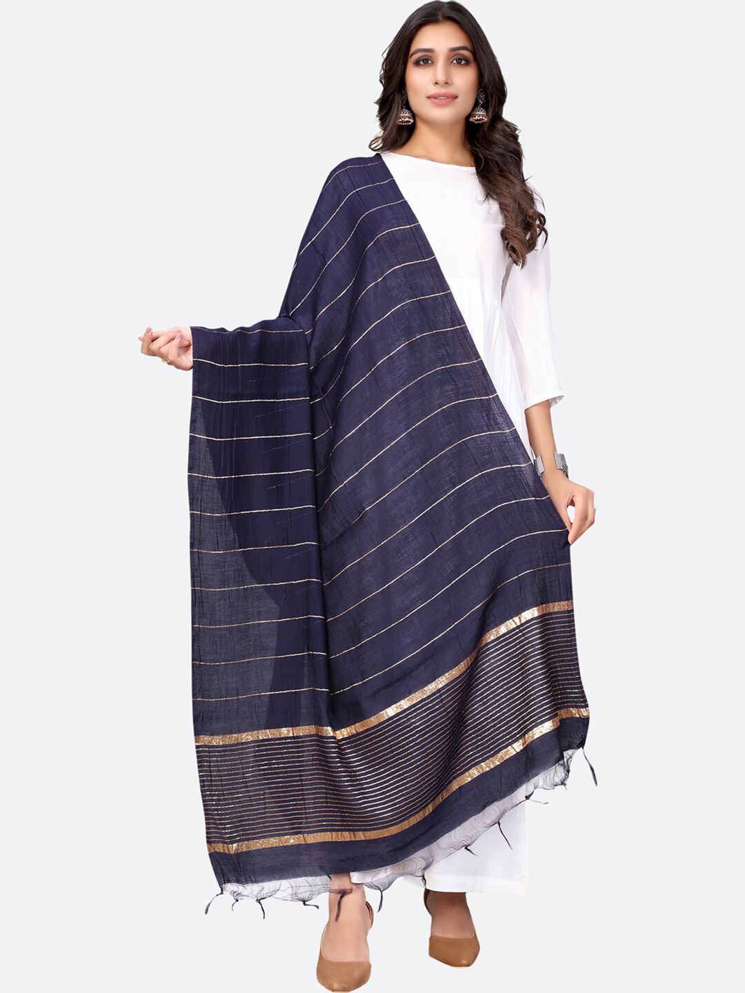 SIRIL Navy Blue & Gold-Toned Dyed Dupatta Price in India